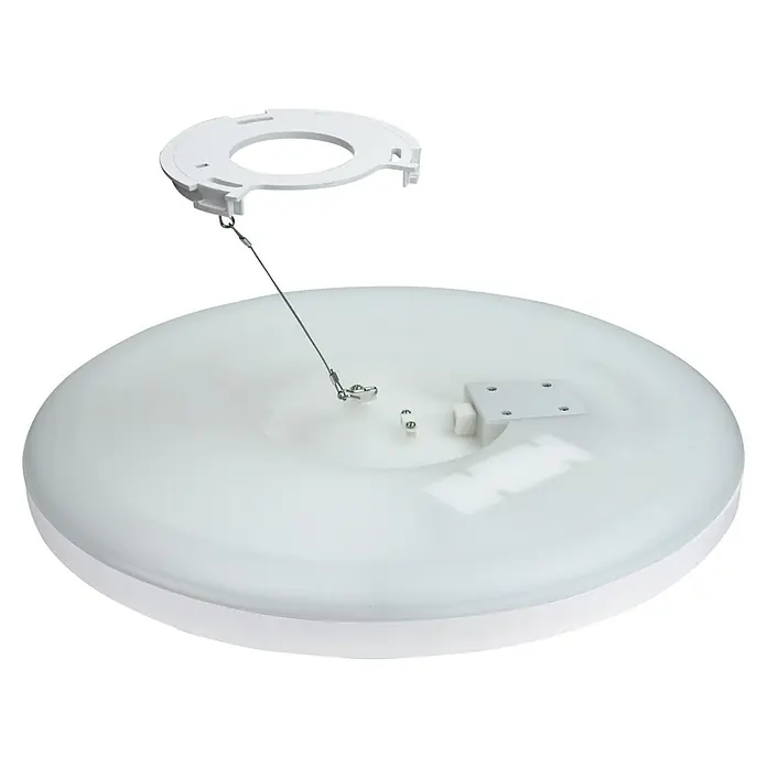E2 elektro LED-Einbauleuchte R300 18W 3K Sensor - Weiß, Warmweiß - Nahaufnahme einer runden LED-Deckenleuchte mit Aufhängung und Befestigungselementen, ideal für moderne Innenräume.