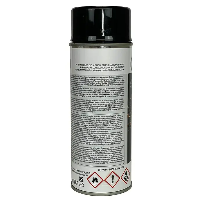 Ofen-Spray - Schwarz, 0,4 l - Dose mit Hinweisen zu Sicherheitsvorkehrungen und Inhaltsstoffen.\n