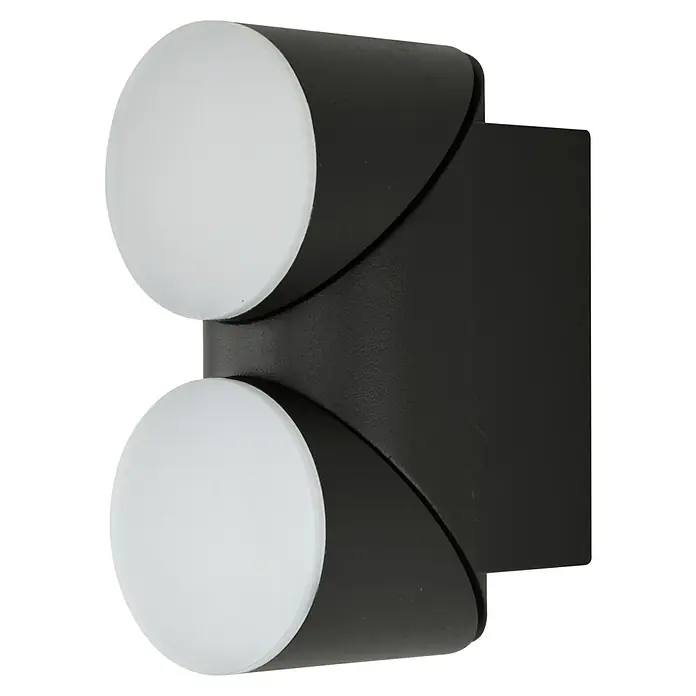 E2 elektro LED-Außenwandleuchte Felis - 12 W, 16,5 x 6,5 x 8,3 cm, Anthrazit, IP65 - Nahaufnahme einer schwarzen Wandleuchte mit zwei runden, weißen Lampen für stimmungsvolle Beleuchtung im Innenbereich.