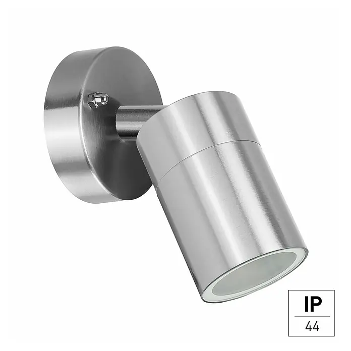 E2 elektro Außenwandleuchte Sirius - 7 W, 9,6 x 8,5 x 14,4 cm, Anthrazit, IP44 - Eine Nahaufnahme einer modernen, silbernen Wandleuchte mit gebürstetem Finish und der Kennzeichnung IP44 für Feuchtigkeitsschutz.