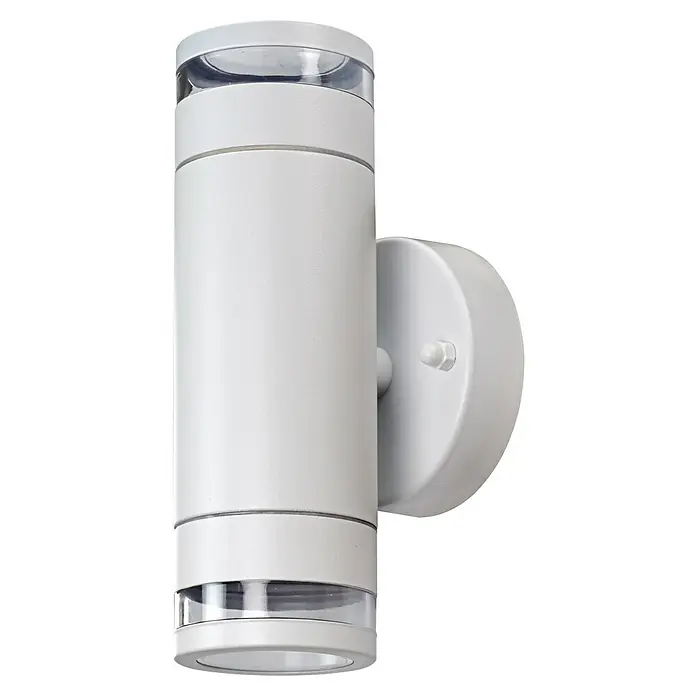 E2 elektro Außenwandleuchte Musica - 9,2 x 8,5 x 18,5 cm, Weiß, IP44 - Eine moderne, weiße Wandleuchte mit zwei klaren Diffusoren, die ein helles und gleichmäßiges Licht spendet. Ideal für Außenbereiche.
