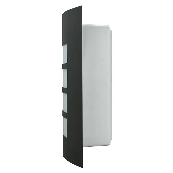 E2 elektro Außenwandleuchte Tauri - 15 W, 21,3 x 26,5 x 9,1 cm, Anthrazit, IP44 - Wandleuchte mit rechteckigem weißem Glasdiffusor und schwarzem Metallrahmen mit horizontalen Akzenten. Elegante Beleuchtung für Innenräume.