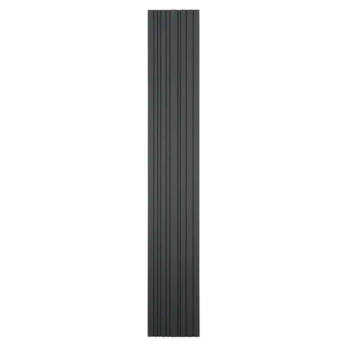 E2 elektro LED-Außenwandleuchte Rigel - 20 W, 10 x 9,5 x 3,7 cm, Anthrazit, IP65 - Nahaufnahme einer grauen Metallfassade mit vertikalen Rillen, die ein modernes und industrielles Design zeigt.