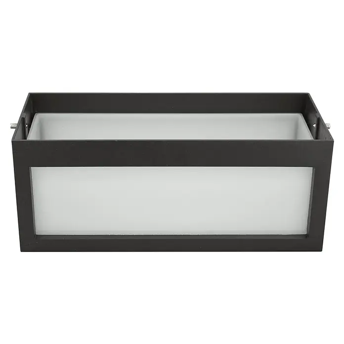 E2 elektro Außenwandleuchte Drago - 15 W, 25 x 10,3 x 11 cm, Anthrazit, IP44 - Nahaufnahme einer modernen, rechteckigen Deckenleuchte mit einem schlichten, dunklen Rahmen und einer hellen, diffusen Lichtfläche.