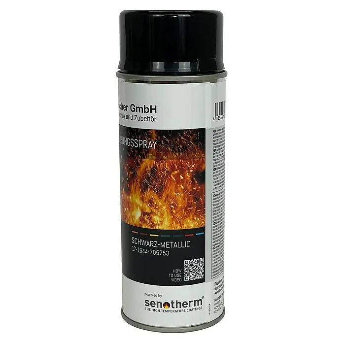 Ofen-Spray - Schwarz, 0,4 l - Dose Senotherm Schwarz-Metallic Hitzebeständiges Lackspray mit Abbildung eines flammenden Feuers. Zum Ausbessern oder zur farblichen Gestaltung.