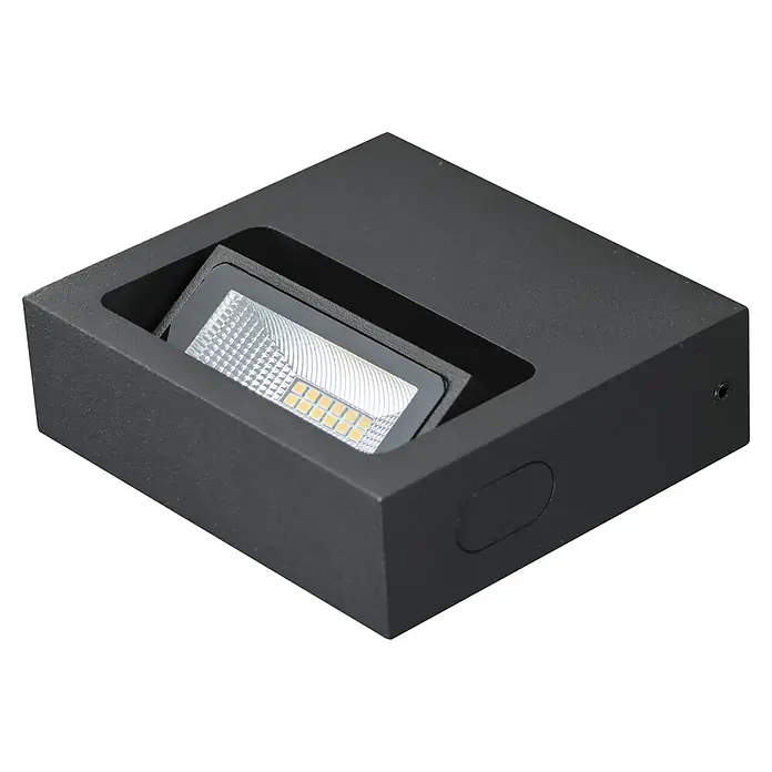 E2 elektro LED-Außenwandleuchte Minor - 7 W, 12 x 10,9 x 3,6 cm, Anthrazit, IP65 - Nahaufnahme einer modernen, schwarzen LED-Wandleuchte, die ein helles, fokussiertes Licht ausstrahlt und eine stilvolle Beleuchtungslösung darstellt.