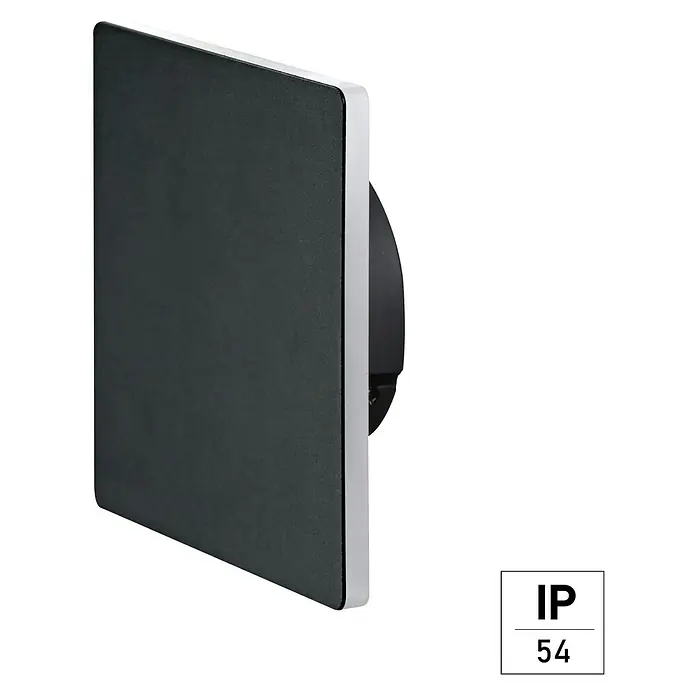 E2 elektro LED-Außenwandleuchte Tabit - 11 W, 6,2 x 15,6 x 8,3 cm, Anthrazit, IP54 - Nahaufnahme einer rechteckigen, grauen LED-Wandleuchte mit silbernem Rahmen und der Aufschrift IP54.