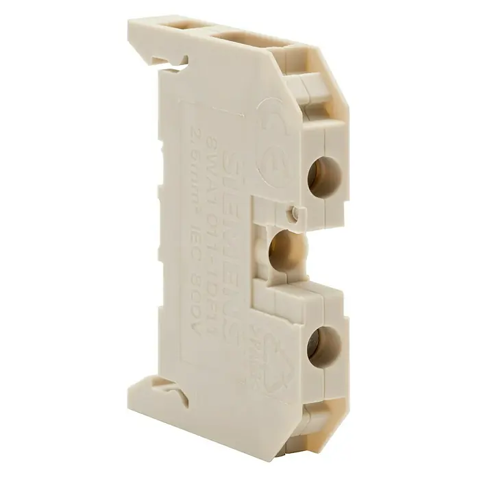 Siemens Borne de terminal fase - L x An x Al: 2,6 x 2,6 x 5,1 cm, Plástico, Blanco, 2,5 mm² - Primer plano de un bloque de terminales beige Siemens 8WA1 011-1DF11 con tres puntos de conexión.