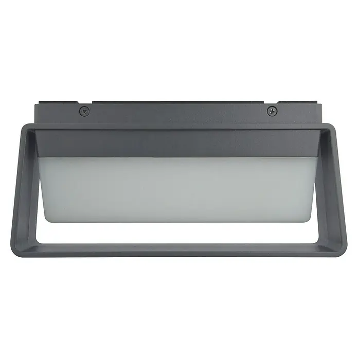 E2 elektro LED-Außenwandleuchte Loggia II - 13 W, 24,8 x 7 x 11,7 cm, Alu, IP65 - Nahaufnahme einer rechteckigen, grauen LED-Wandleuchte mit einem klaren, weißen Diffusor, die ein helles und gleichmäßiges Licht abstrahlt.
