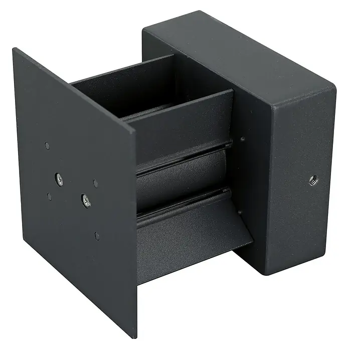 E2 elektro LED-Außenwandleuchte Ebla - 7 W, 10 x 13,5 x 12 cm, Anthrazit, IP65 - Nahaufnahme einer modernen, grauen Außenwandleuchte mit Lamellen zur Lichtstreuung und quadratischer Bauform.