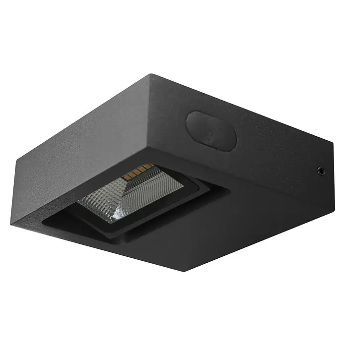 E2 elektro LED-Außenwandleuchte Minor - 7 W, 12 x 10,9 x 3,6 cm, Anthrazit, IP65 - Nahaufnahme einer modernen schwarzen LED-Deckenleuchte, die ein helles, gerichtetes Licht ausstrahlt und eine elegante Beleuchtungslösung darstellt.
