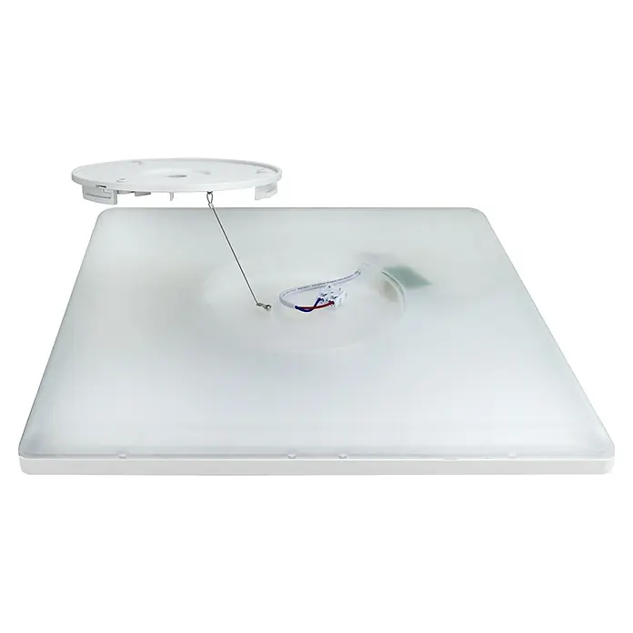 E2 elektro LED-Panel Twice Up & Down - 24 W, L x B x H: 42 x 42 x 2,9 cm, Weiß, Warmweiß - Eine LED-Panel-Leuchte mit quadratischem Design und weißem Rahmen, hängend montiert. Ideal für moderne Büros und Wohnräume.