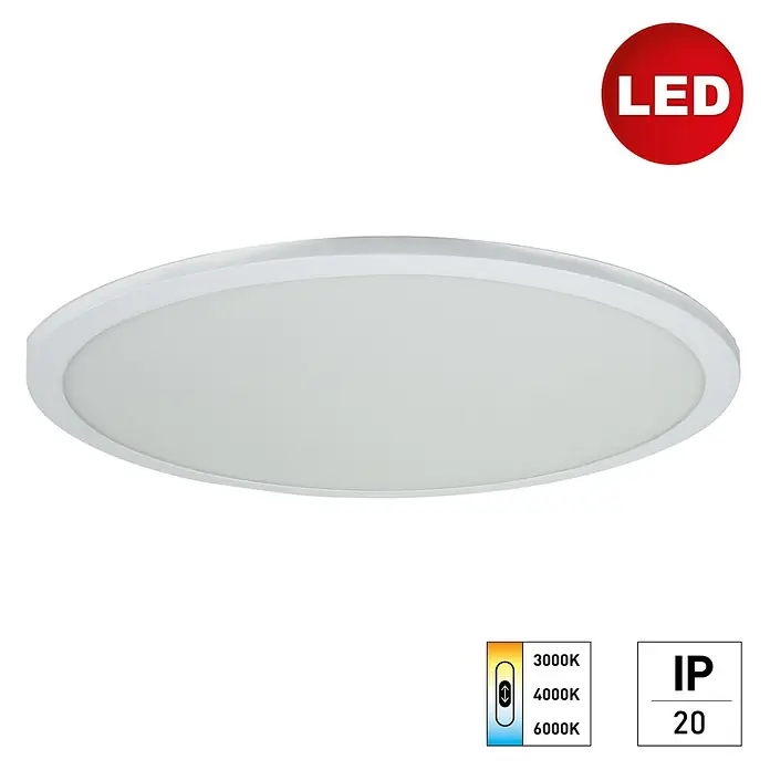 E2 elektro LED-Deckenleuchte rund Round - 40 W, Kaltweiß, Weiß, Ø x H: 600 x 15 mm - LED-Deckenleuchte in Weiß, rundes Design. Verfügt über einstellbare Farbtemperatur und IP20-Schutz, ideal für Innenräume mit moderatem Feuchtigkeitsrisiko.