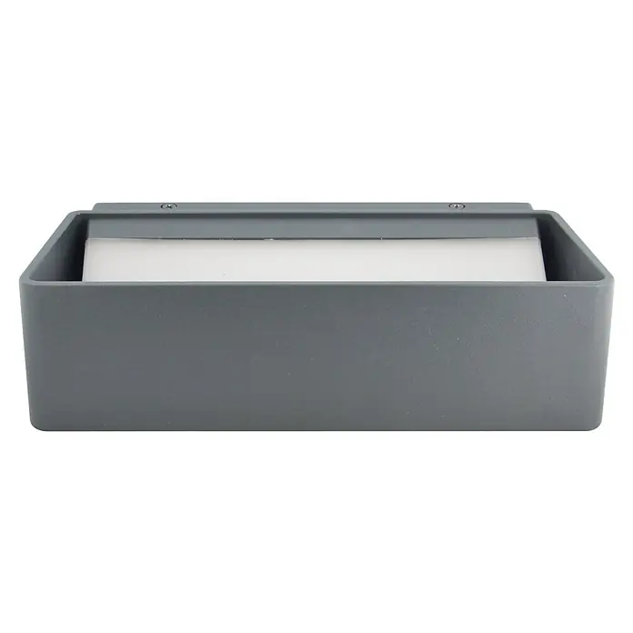 E2 elektro LED-Außenwandleuchte Loggia II - 13 W, 24,8 x 7 x 11,7 cm, Alu, IP65 - Ein grauer Seifenspender aus Kunststoff mit einer weißen Seife im Inneren. Er ist an einer Wand befestigt und hat ein minimalistisches Design.