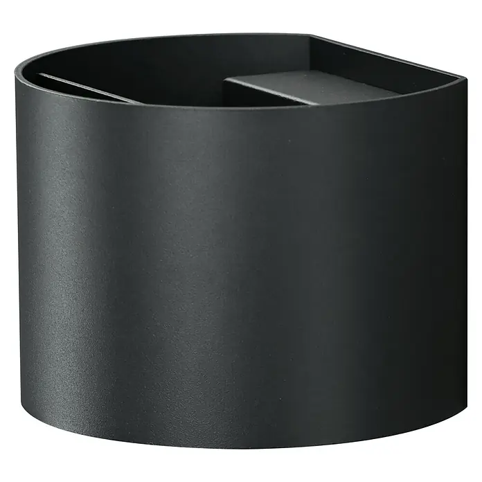 E2 elektro LED-Außenwandleuchte Ebla - 7 W, 10 x 13,5 x 12 cm, Anthrazit, IP65 - Nahaufnahme einer modernen, zylindrischen Wandleuchte in Schwarz. Die Lampe hat ein schlichtes Design und eine matte Oberfläche.