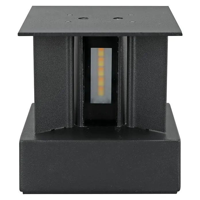 E2 elektro LED-Außenwandleuchte Ebla - 7 W, 10 x 13,5 x 12 cm, Anthrazit, IP65 - Nahaufnahme einer stilvollen, rechteckigen schwarzen Gartenlampe mit warmweißem LED-Licht, ideal für Außenbereiche.