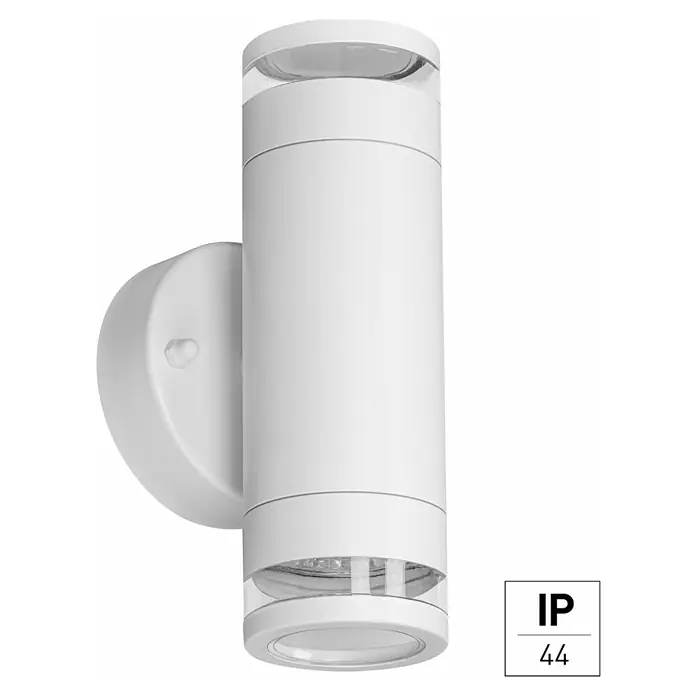 E2 elektro Außenwandleuchte Musica - 9,2 x 8,5 x 18,5 cm, Weiß, IP44 - Moderne weiße Wandleuchte mit zylindrischem Design und IP44-Schutz, ideal für den Außenbereich. Klare Linien und robuste Bauweise.