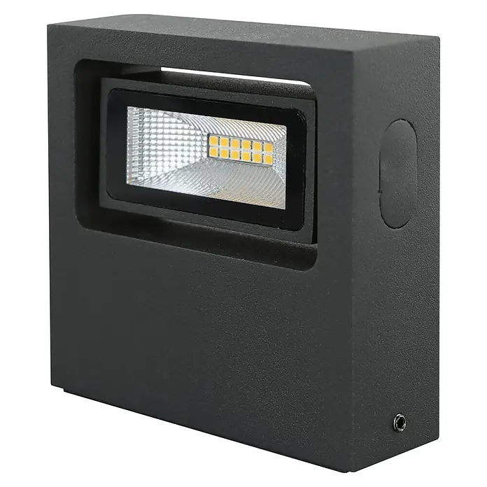 E2 elektro LED-Außenwandleuchte Minor - 7 W, 12 x 10,9 x 3,6 cm, Anthrazit, IP65 - Nahaufnahme einer schwarzen LED-Wandleuchte. Das Licht ist hell und strahlt aus einem rechteckigen Rahmen.