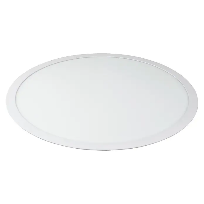 E2 elektro LED-Deckenleuchte rund Round - 40 W, Kaltweiß, Weiß, Ø x H: 600 x 15 mm - Nahaufnahme einer runden, weißen LED-Deckenleuchte mit schlichtem Design vor einem dunklen Hintergrund.
