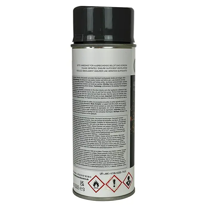 Ofen-Spray - Gussgrau, 0,4 l - Dose mit Sprühfarbe für Öfen mit Warnhinweisen und Informationen zur Verwendung und Zusammensetzung.