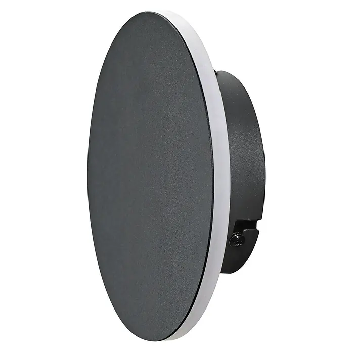 E2 elektro LED-Außenwandleuchte Mago - 11 W, 15 x 15 x 4 cm, Anthrazit, IP54 - Nahaufnahme einer runden, grauen LED-Deckenleuchte mit weißem Rand und schwarzer Rückseite, ideal für moderne Innenräume.