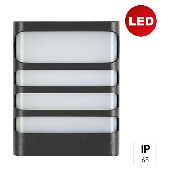 E2 elektro LED-Außenwandleuchte Vega - 7,5 W, 16 x 20 x 6,2 cm, Anthrazit, IP65 - Nahaufnahme einer LED-Wandleuchte mit Schutzart IP65, die modernes Design und Funktionalität vereint.\n