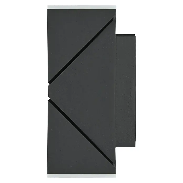 E2 elektro LED-Außenwandleuchte Lyra - 12 W, 6,2 x 15,6 x 8,3 cm, Anthrazit, IP65 - Nahaufnahme eines schwarzen NVIDIA Shield TV Pro Streaming-Geräts mit einem markanten, dreieckigen Design auf der Vorderseite.