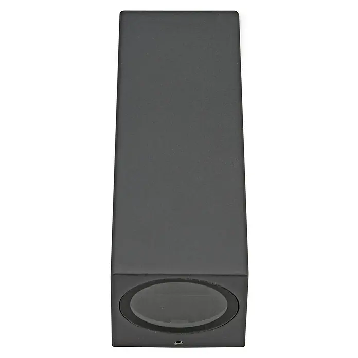 E2 elektro Außenwandleuchte Aster - 15 W, 16 x 6,8 x 7,8 cm, Anthrazit, IP65 - Diese Nahaufnahme zeigt eine graue würfelförmige Lampe mit einem runden Glasobjektiv an der Unterseite, die für stimmungsvolle Beleuchtung sorgt.