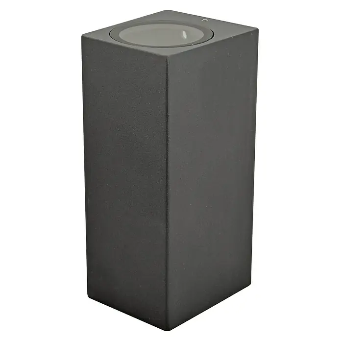 E2 elektro Außenwandleuchte Aster - 15 W, 16 x 6,8 x 7,8 cm, Anthrazit, IP65 - Nahaufnahme einer mattschwarzen, sechseckigen Außenleuchte mit einem runden, eingelassenen Lampenschirm aus grauem Glas.