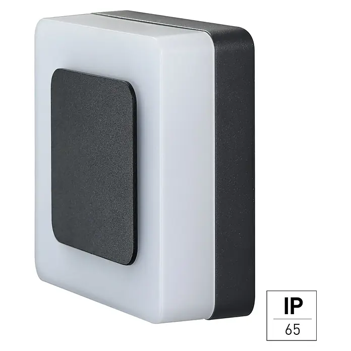 E2 elektro LED-Außenwandleuchte Castor - 10 W, 14,5 x 4,8 x 13,5 cm, Anthrazit, IP65 - Nahaufnahme einer quadratischen, modernen Wandleuchte mit grauer Blende und IP65-Schutzklasse.