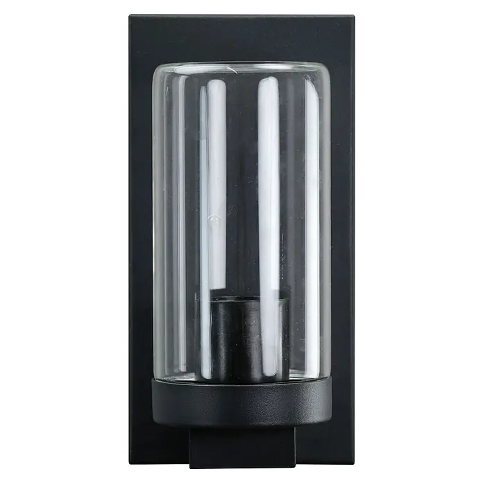 E2 elektro Außenwandleuchte Nasti - 15 W, 24,5 x 10,8 x 11,6 cm, Anthrazit, IP44 - Eine moderne Wandleuchte mit einem transparenten Glaszylinder und einem schwarzen Metallsockel, die ein elegantes Lichtdesign bietet.