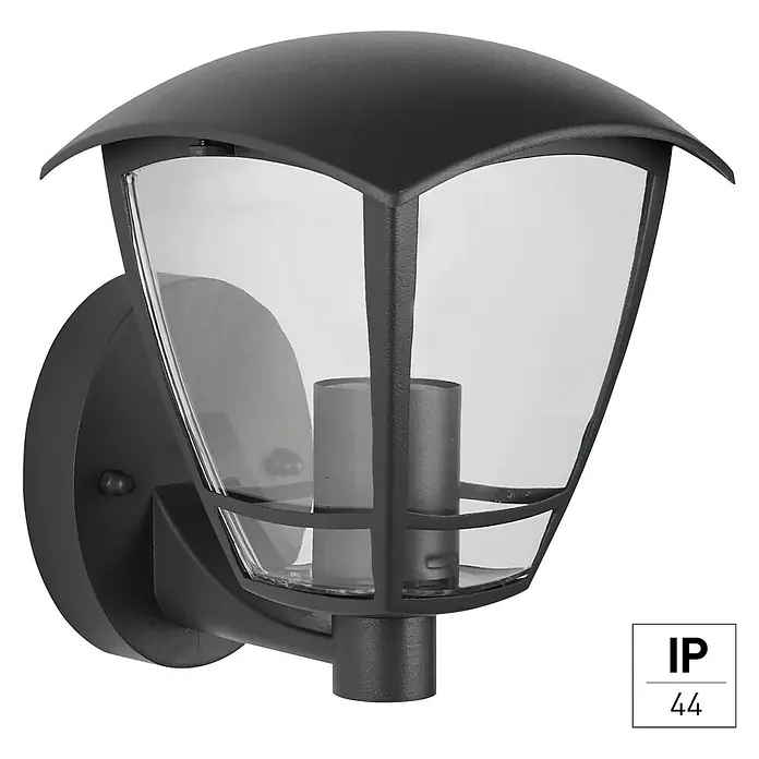 E2 elektro Außenwandleuchte Navi - 15 W, 20,5 x 17 x 20,8 cm, Anthrazit, IP44 - Schwarze Außenwandleuchte mit klarem Glas und geschwungener Abdeckung für den Außenbereich.