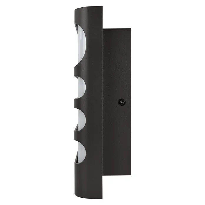 E2 elektro LED-Außenwandleuchte Vega - 7,5 W, 16 x 20 x 6,2 cm, Anthrazit, IP65 - Nahaufnahme einer dunklen, vertikalen Wandleuchte mit abgerundeten, weißen Lichtelementen und einer Schraube an der Montageplatte.