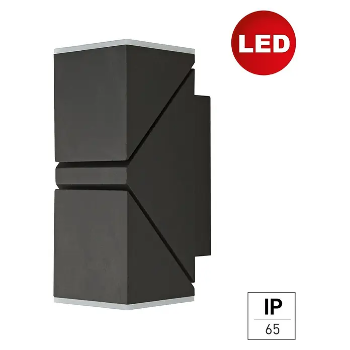 E2 elektro LED-Außenwandleuchte Lyra - 12 W, 6,2 x 15,6 x 8,3 cm, Anthrazit, IP65 - Nahaufnahme der LED-Wandleuchte in Anthrazit mit stilvollem Design und IP65 Schutzklasse, ideal für den Außenbereich.