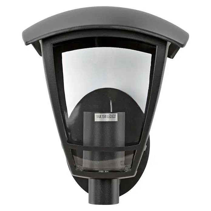 E2 elektro Außenwandleuchte Navi - 15 W, 20,5 x 17 x 20,8 cm, Anthrazit, IP44 - Nahaufnahme einer schwarzen Außenwandleuchte mit klarem Glas und einer maximalen 15W LED E27-Fassung.