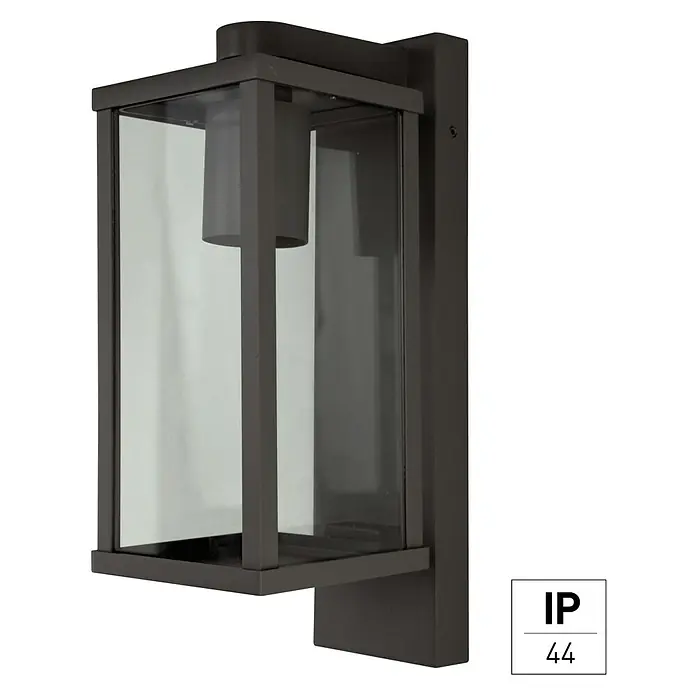 E2 elektro Außenwandleuchte Tara - 15 W, 10,5 x 29 x 15,9 cm, Anthrazit, IP44 - Bild einer modernen Außenleuchte aus Metall mit klaren Glaseinsätzen. Stilvolles Design für den Außenbereich.