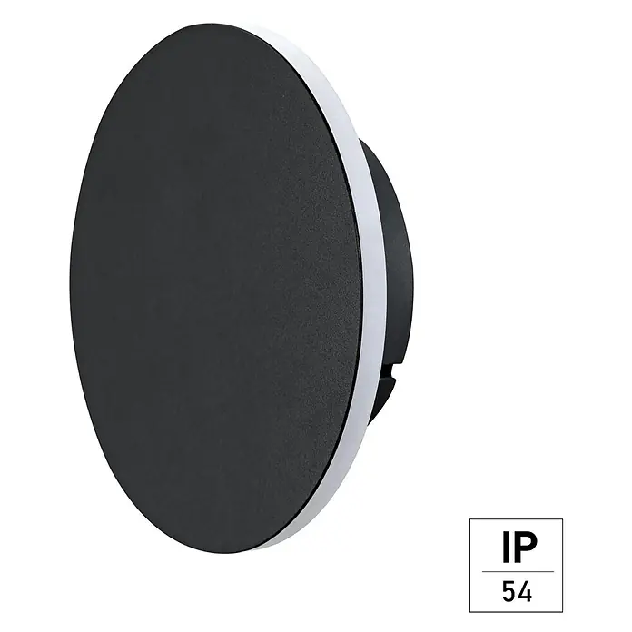 E2 elektro LED-Außenwandleuchte Mago - 11 W, 15 x 15 x 4 cm, Anthrazit, IP54 - Nahaufnahme einer runden, schwarzen Wandleuchte mit weißem Rand für den Außenbereich.