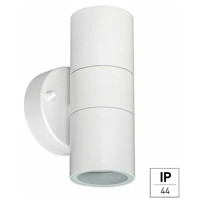 E2 elektro Außenwandleuchte Electra - 7 W, 9,2 x 8,5 x 16,2 cm, Weiß, IP44 - Eine weiße zylindrische Wandleuchte mit zwei Lichtquellen, die ein modernes und minimalistisches Design aufweist. Sie ist für den Außenbereich geeignet.