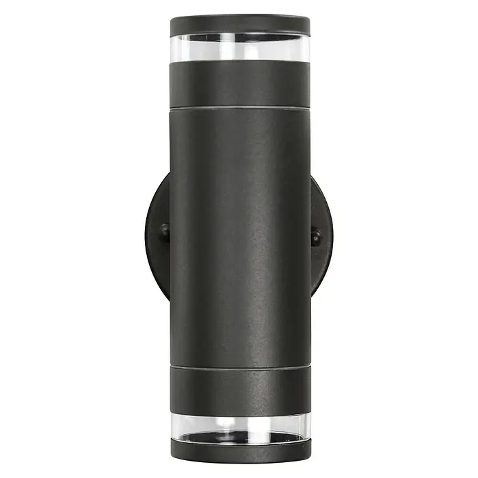 E2 elektro Außenwandleuchte Musica - 9,2 x 8,5 x 18,5 cm, Anthrazit, IP44 - Elegante, zylindrische Außenwandleuchte in Schwarz mit klaren Akzenten. Perfekt für moderne Fassaden und Eingangsbereiche, die Stil und Funktionalität vereinen.