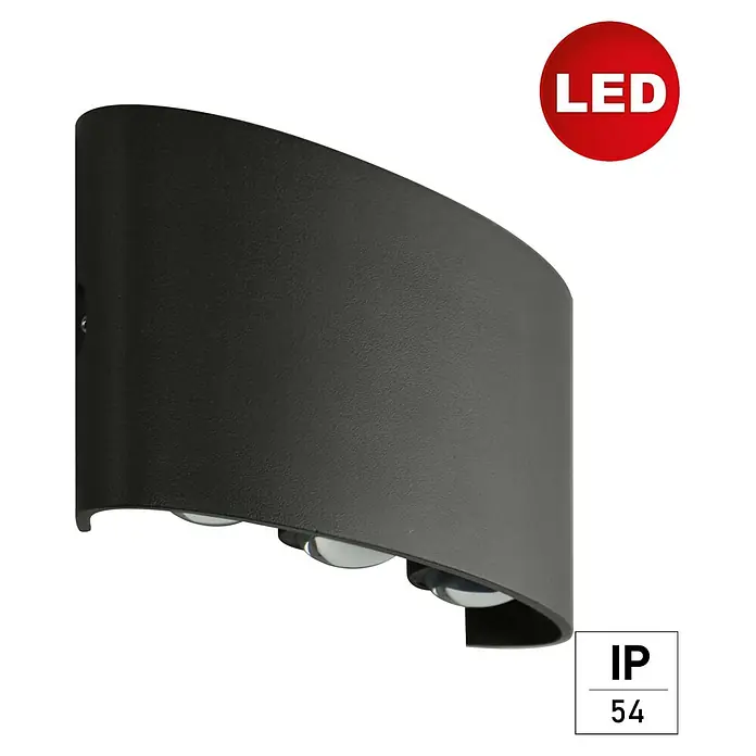 E2 elektro LED-Außenwandleuchte Petra - 17 x 4 x 8 cm, Anthrazit, IP54 - Nahaufnahme einer schwarzen LED-Wandleuchte mit Schutzart IP54 für den Außenbereich.