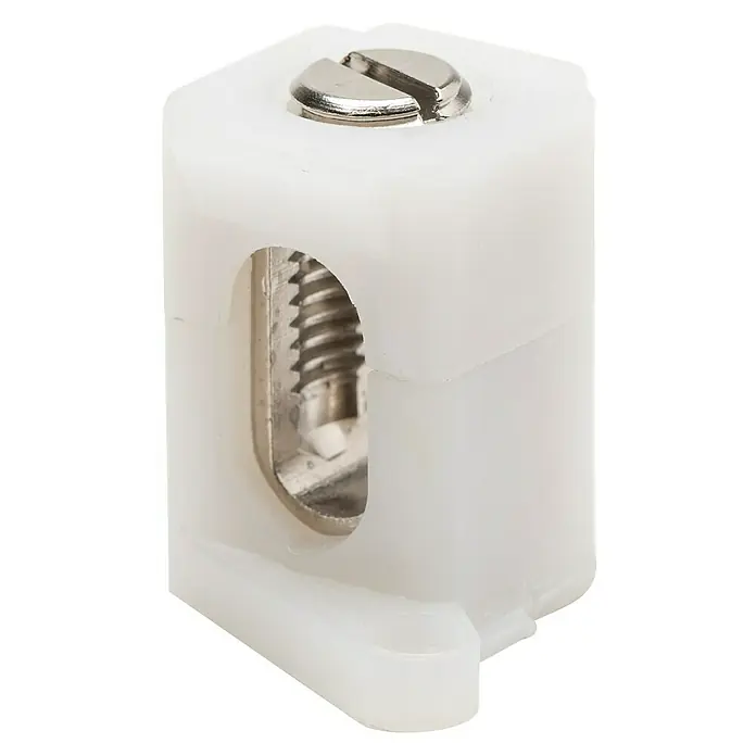 Regleta de bornes HPS35 - L x An x Al: 36 x 36 x 34 mm, Número de polos: 12 ud., Latón - Primer plano de un bloque de terminales blanco con tornillo.