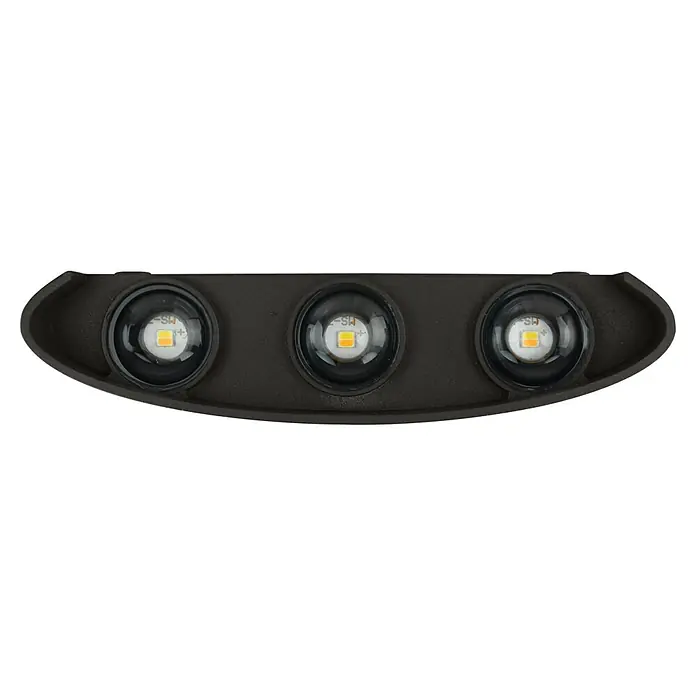 E2 elektro LED-Außenwandleuchte Petra - 17 x 4 x 8 cm, Anthrazit, IP54 - Nahaufnahme einer braunen LED-Leuchte mit drei LED-Lampen, die ein warmes, einladendes Licht ausstrahlen und eine moderne Beleuchtungslösung bieten.