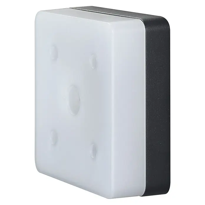 E2 elektro LED-Außenwandleuchte Castor - 10 W, 14,5 x 4,8 x 13,5 cm, Anthrazit, IP65 - Nahaufnahme eines quadratischen, weißen LED-Panels mit einer grauen Rückseite. Es ist für eine gleichmäßige Ausleuchtung mit stilvollem Design konzipiert.