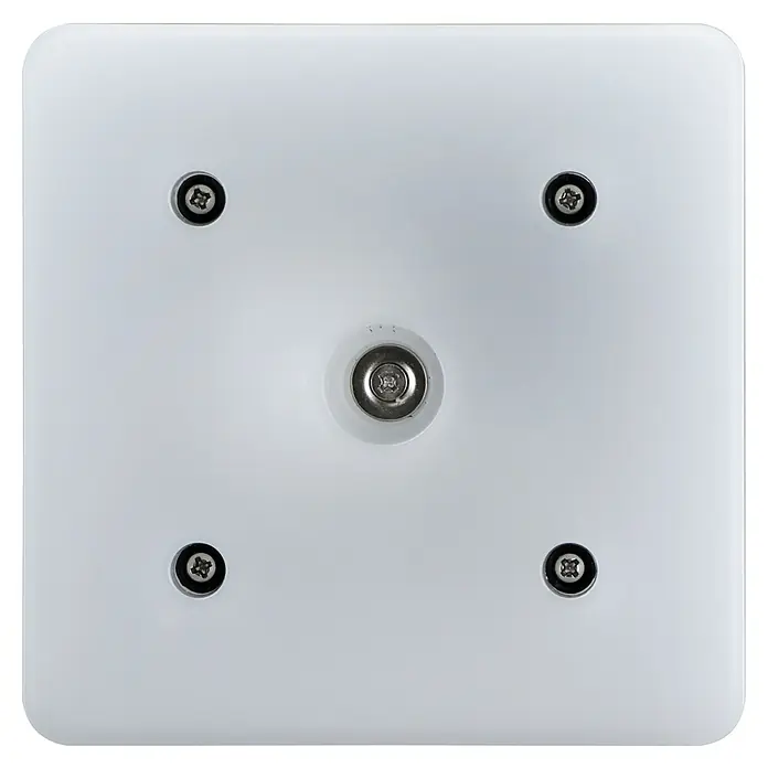 E2 elektro LED-Außenwandleuchte Castor - 10 W, 14,5 x 4,8 x 13,5 cm, Anthrazit, IP65 - Nahaufnahme einer weißen quadratischen Abdeckung mit Schrauben und einem zentralen Anschlussstück.