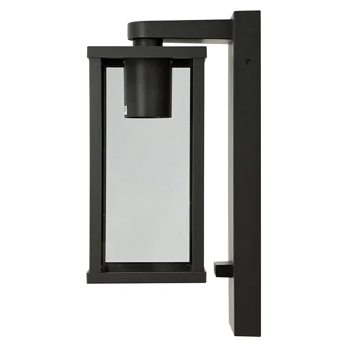 E2 elektro Außenwandleuchte Tara - 15 W, 10,5 x 29 x 15,9 cm, Anthrazit, IP44 - Diese Aufnahme zeigt eine elegante, mattschwarze Außenleuchte mit einem rechteckigen Design und einem zylindrischen Lampensockel.
