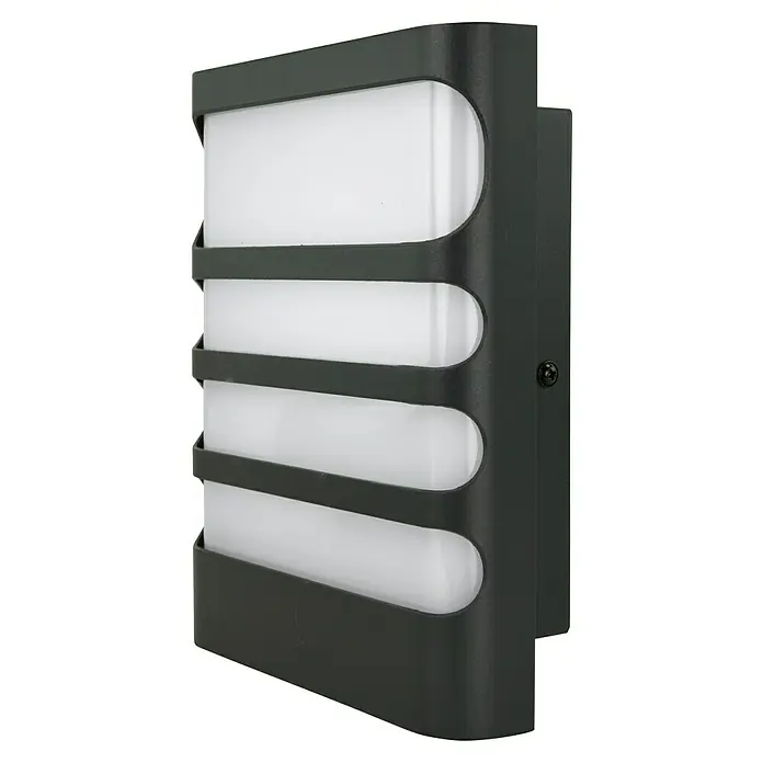 E2 elektro LED-Außenwandleuchte Vega - 7,5 W, 16 x 20 x 6,2 cm, Anthrazit, IP65 - Nahaufnahme einer modernen, grauen Außenwandleuchte mit einem Design aus horizontalen Lamellen und mattiertem Glas für eine stimmungsvolle Beleuchtung.