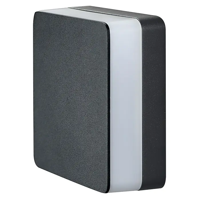 E2 elektro LED-Außenwandleuchte Castor - 10 W, 14,5 x 4,8 x 13,5 cm, Anthrazit, IP65 - Nahaufnahme einer modernen, würfelförmigen Wandleuchte mit einem schlanken, grauen Gehäuse und einem hellen, weißen Lichtstreifen für stilvolle Beleuchtung.