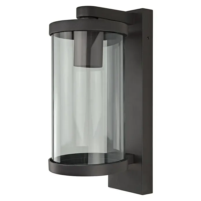 E2 elektro Außenwandleuchte Mira - 15 W, 11,8 x 29 x 15,9 cm, Anthrazit, IP44 - Eine elegante Außenwandleuchte mit einem zylindrischen Glasschirm und einem dunklen Metallrahmen, die eine stilvolle Beleuchtung für den Außenbereich bietet.