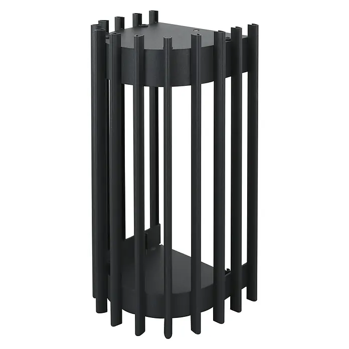 E2 elektro Außenwandleuchte Nasti - 15 W, 24,5 x 10,8 x 11,6 cm, Anthrazit, IP44 - Nahaufnahme eines modernen, zylindrischen Windlichts aus schwarzem Metall mit vertikalen Stäben und einem schlichten Design für stimmungsvolle Beleuchtung.