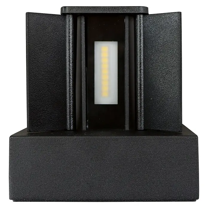 E2 elektro LED-Außenwandleuchte Kappa - 7 W, 10 x 10 x 10 cm, Anthrazit, IP65 - Nahaufnahme einer modernen, schwarzen LED-Gartenleuchte, die ein warmes, einladendes Licht ausstrahlt und eine stilvolle Atmosphäre schafft.